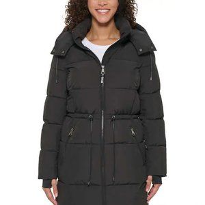 NWT DKNY Women's Long Hooded Thumb Hole Winter Parka Black Size L $200 7D010